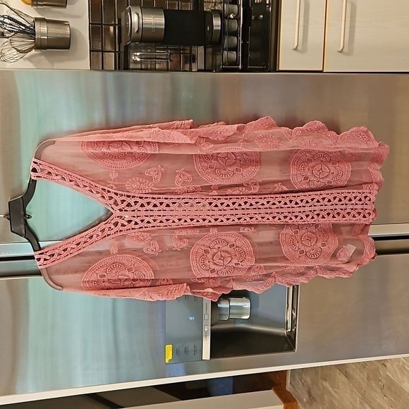 💕RACHEL ZOE💕 Scallop Trim Embroidered Lace CoverUp Dress ~ Dusty Rose OS NWT - Picture 2 of 10